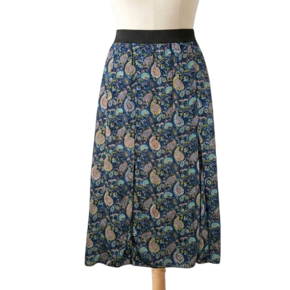 Socialite Navy Blue Paisley Print Chiffon Midi Skirt Double Slit Small